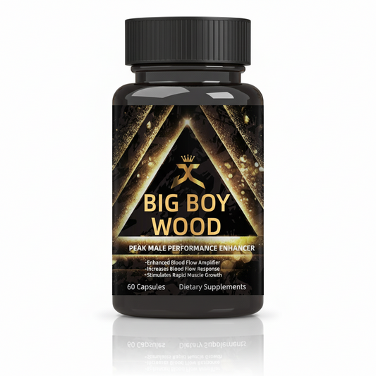 A bottle of dietary supplements labeled 'BIG BOY WOOD' with 60 capsules, marketed for peak male performance enhancement.