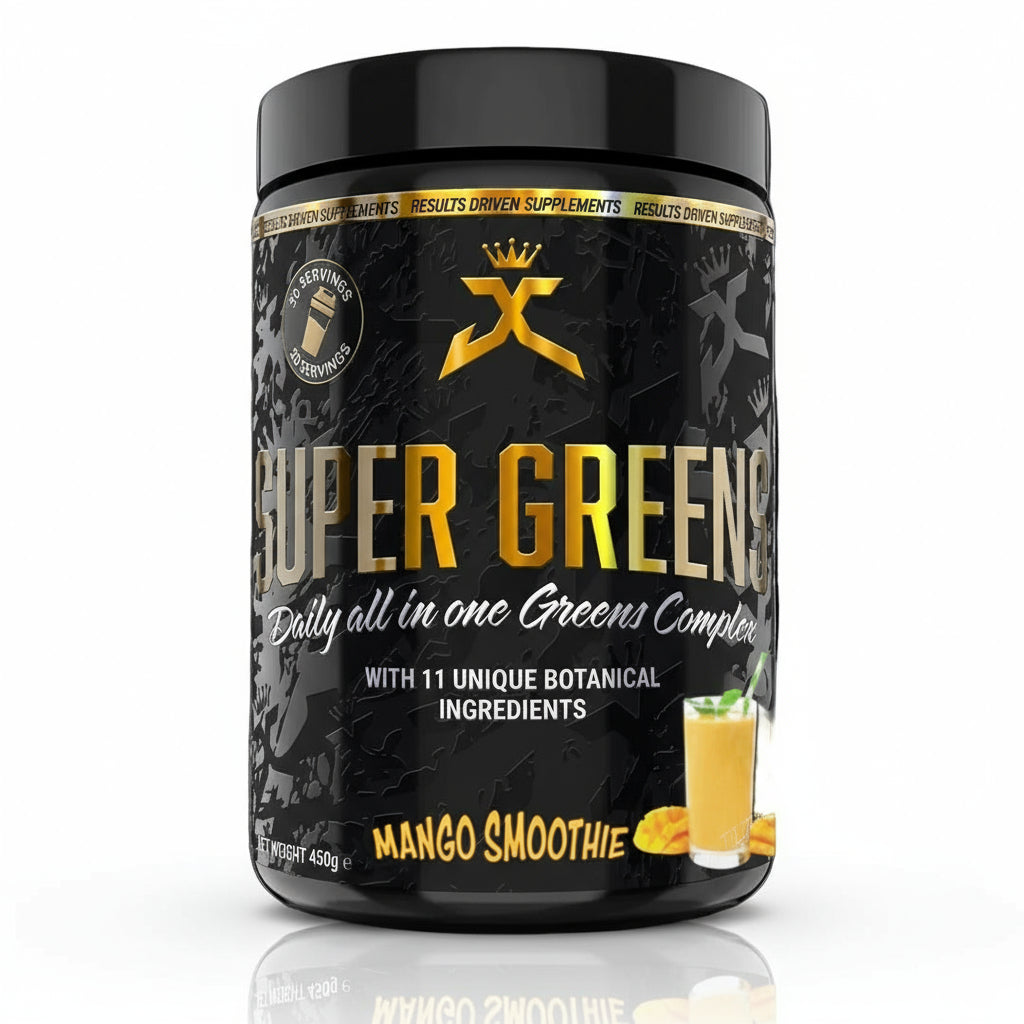 Supplement container labeled 'Super Greens' with mango smoothie flavor on a white background