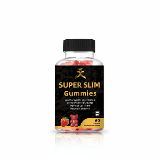 A bottle of JC Super Slim Gummies with red and yellow gummy candies visible through the transparent bottle. The label is black with gold and white text, and a picture of a strawberry is also visible on the label.