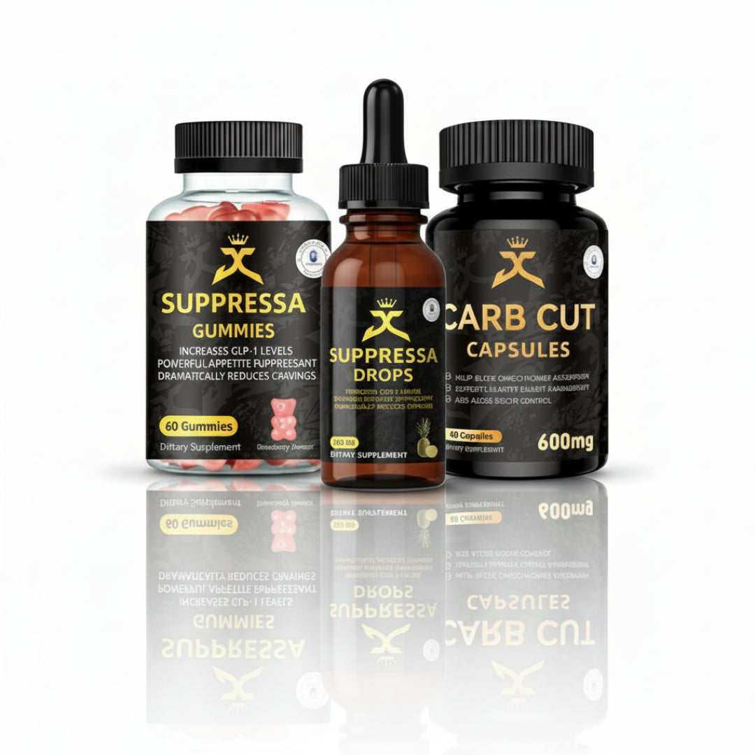 Supressa supplement products including gummies, drops, and capsules on a white background.
