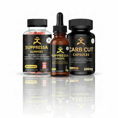 Supressa supplement products including gummies, drops, and capsules on a white background.