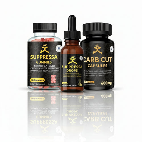 Supressa supplement products including gummies, drops, and capsules on a white background.