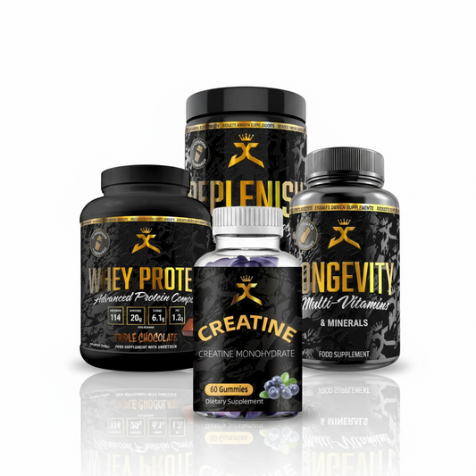 A set of supplement containers including whey protein, creatine, and multivitamins with labels indicating the product name, flavor, and benefits such as 'Advanced Protein Formula' and 'Creatine Monohydrate'.