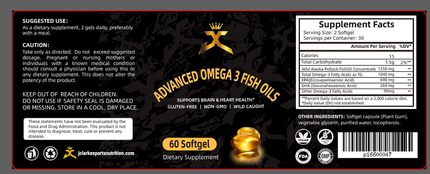 Advanced Omega 3 Wild Caught Fish Oils (30 Servings)