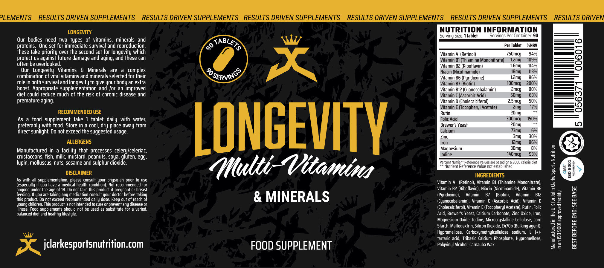 Longevity vitamin, mineral and anti oxidant formula (3 Months Supply)