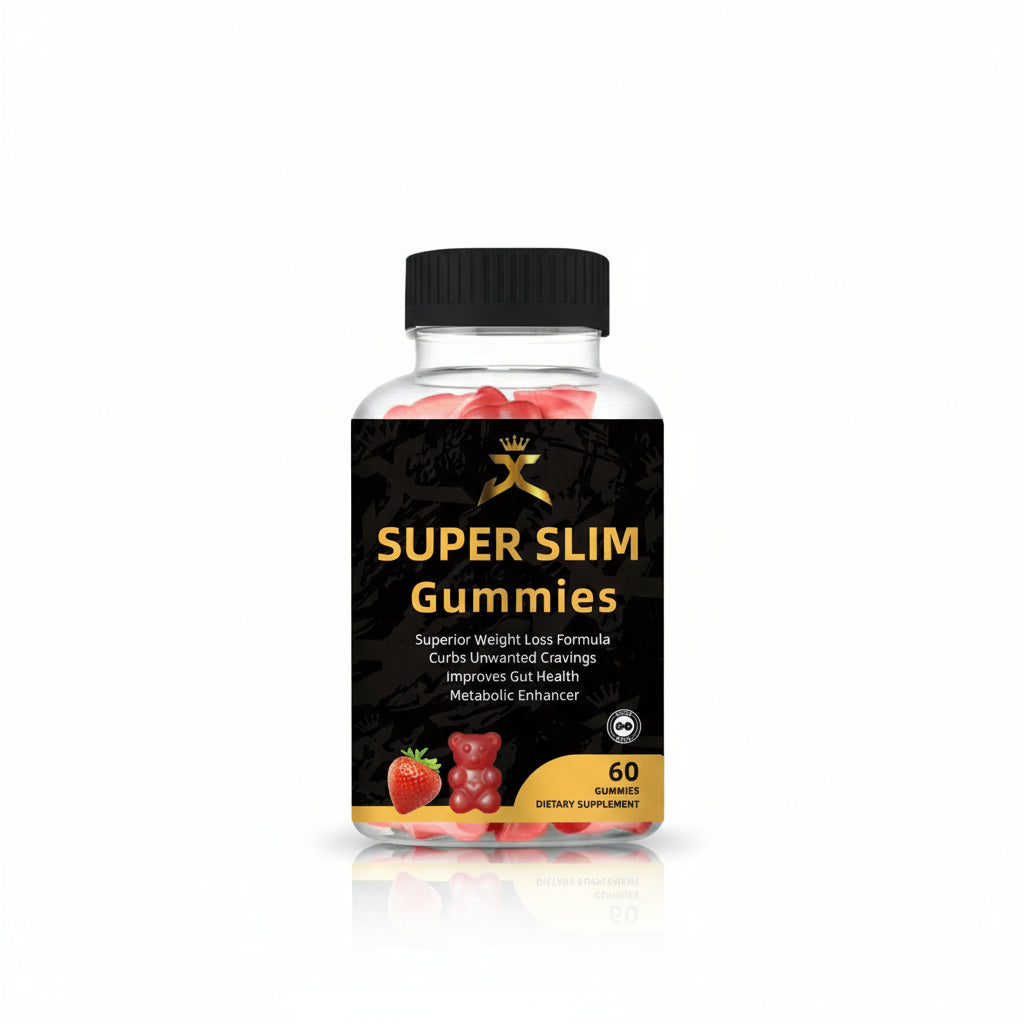 A bottle of JC Super Slim Gummies with red and yellow gummy candies visible through the transparent bottle. The label is black with gold and white text, and a picture of a strawberry is also visible on the label.